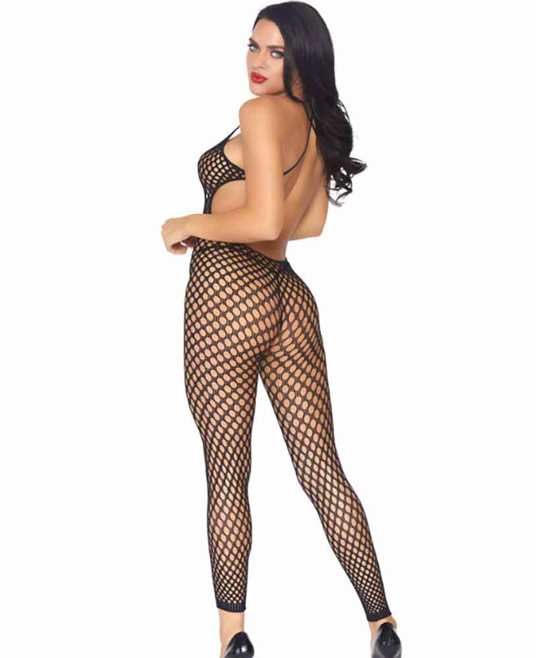 Seamless Crochet Footless Low Back Bodystocking O/S Black Imagine secundară a produsului