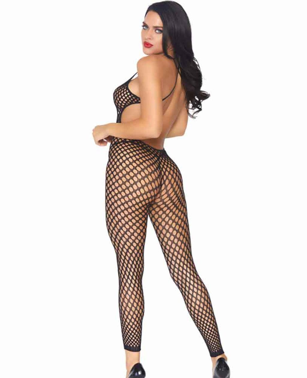 Seamless Crochet Footless Low Back Bodystocking O/S Black