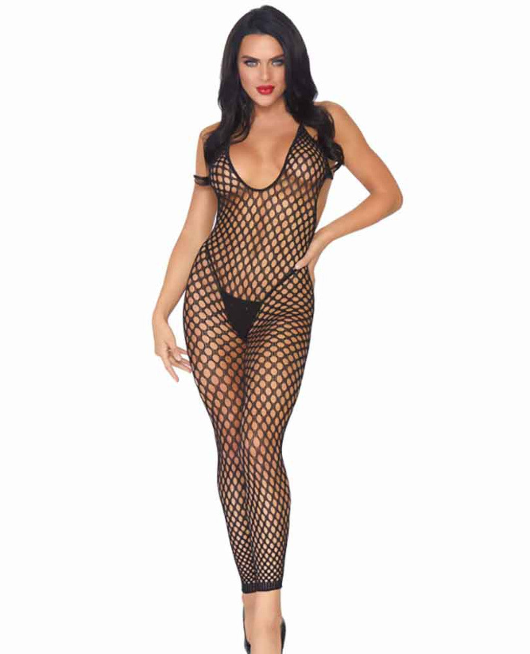 Seamless Crochet Footless Low Back Bodystocking O/S Black Imagine principală a produsului
