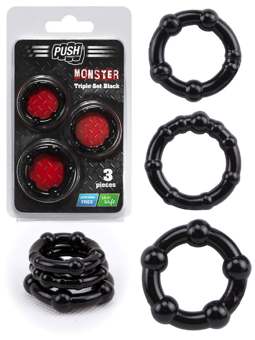 Push Monster Cockring - Triple Set Black Imagine principală a produsului